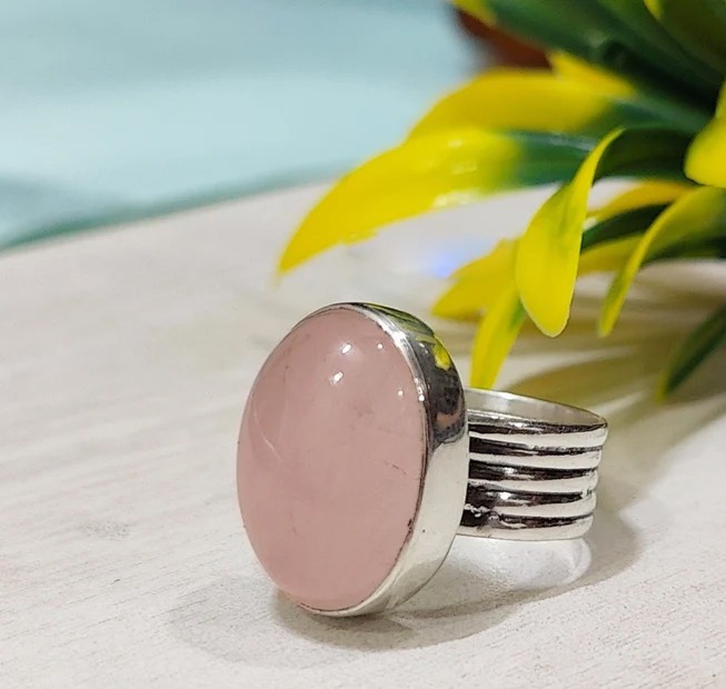Solid 925 Sterling Silver Natural Pink Rose Quartz Gemstone Boho Handmade Ring