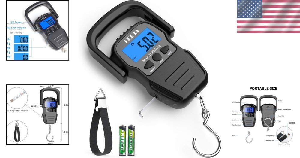 110lb Heavy-Duty Portable Fish Scale with Bluetooth LCD Display & Tare Function