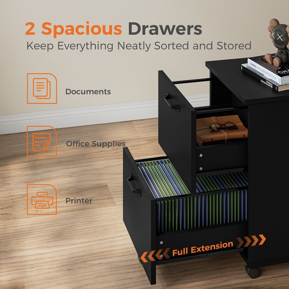 2-Drawer Rolling File Cabinet with Lockable Wheels, Printer Stand with Storage