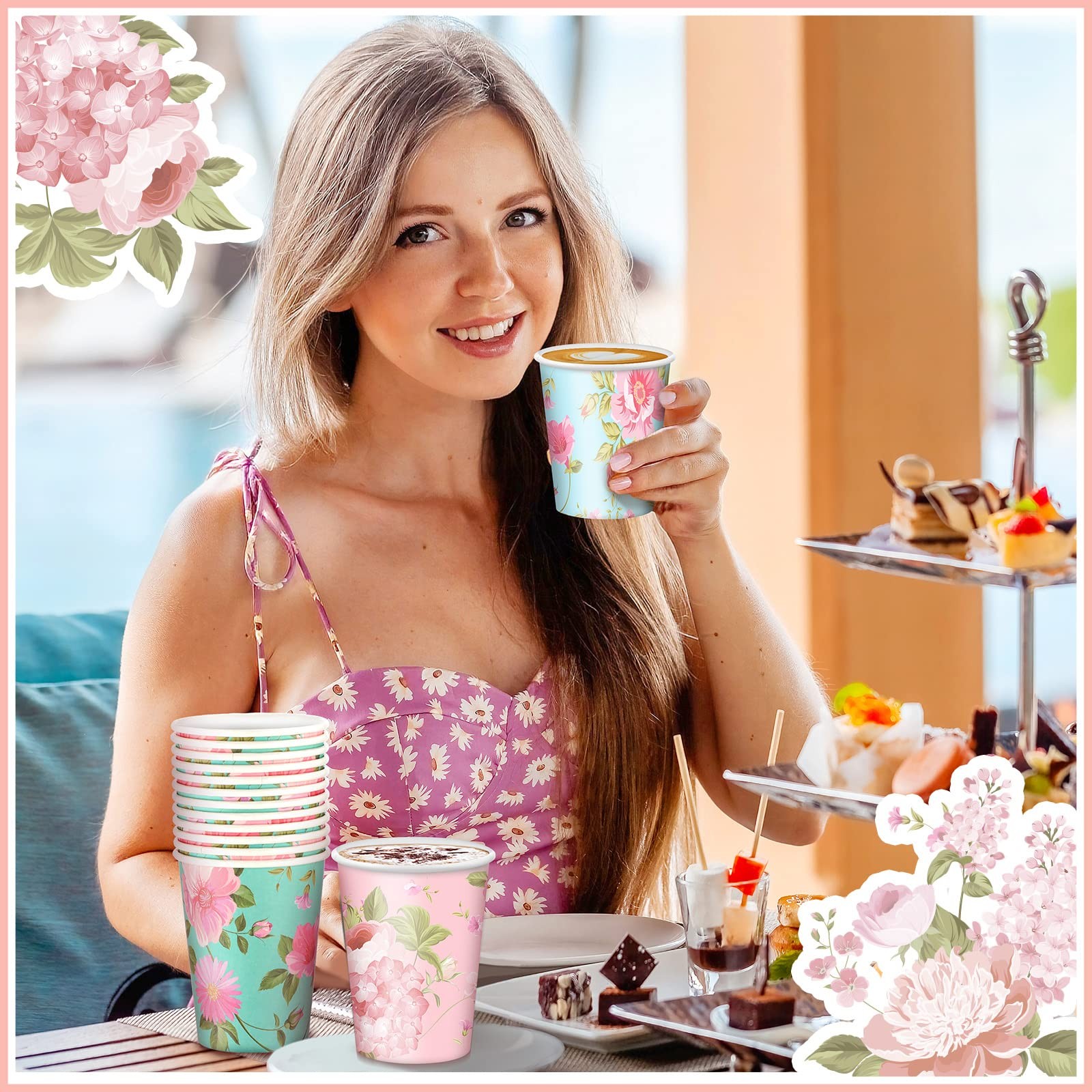 150 Pcs Floral Paper Cups 12 oz Vintage Flower Disposable Cups for Afternoon Tea