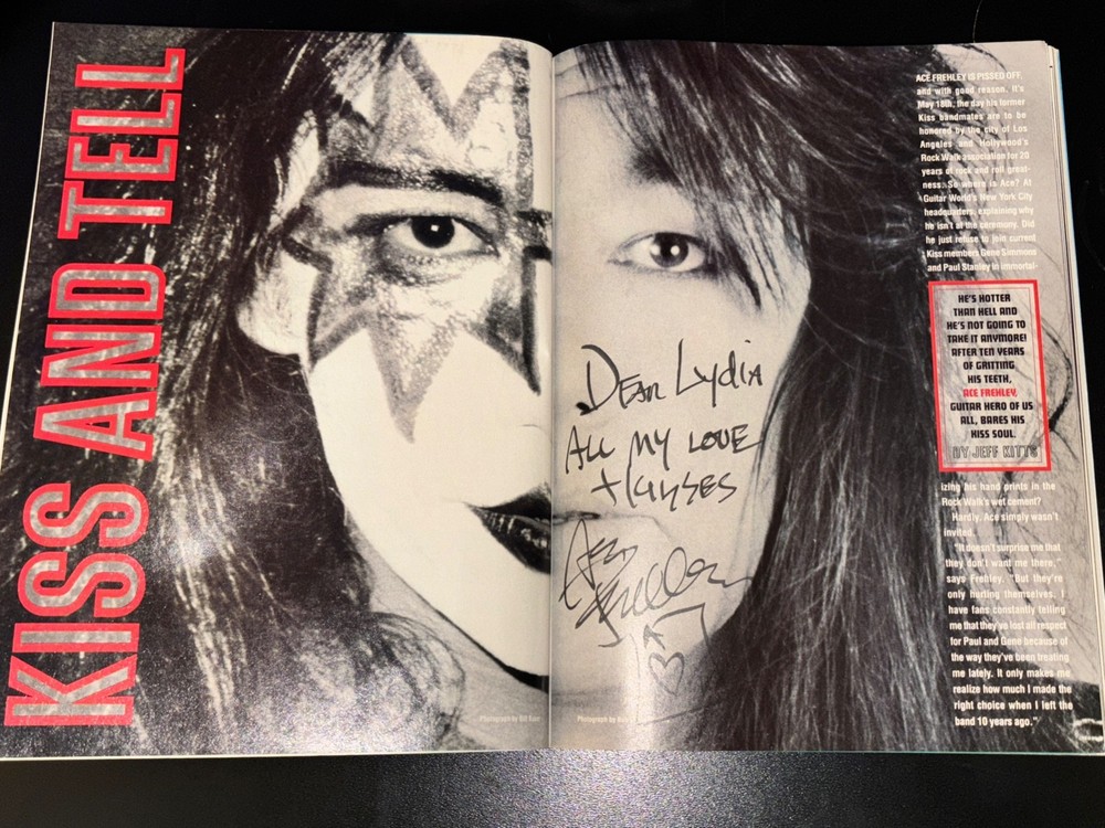 Kiss Ace Frehley Signed Guitar World to Lydia Criss Peter From Lydia's Auction