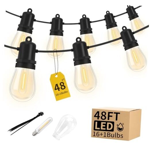 48FT LED Outdoor String Lights Dimmable Shatterproof S14 Edison Bulbs 48FT-1P