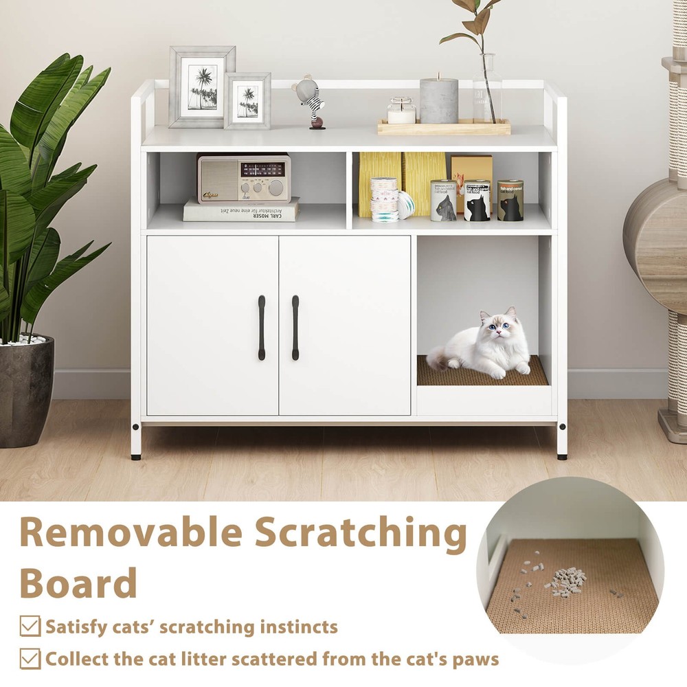 Cat Litter Box Enclosure w/ Storage Compartments Removable Scratching Board