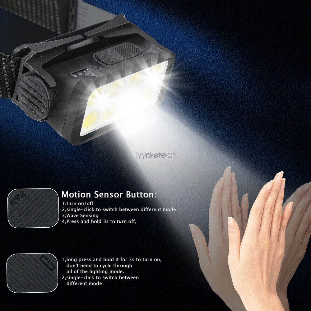 COB LED Headlamp Motion Sensor Head Torch USB Rechargeable Headlight Waterproof