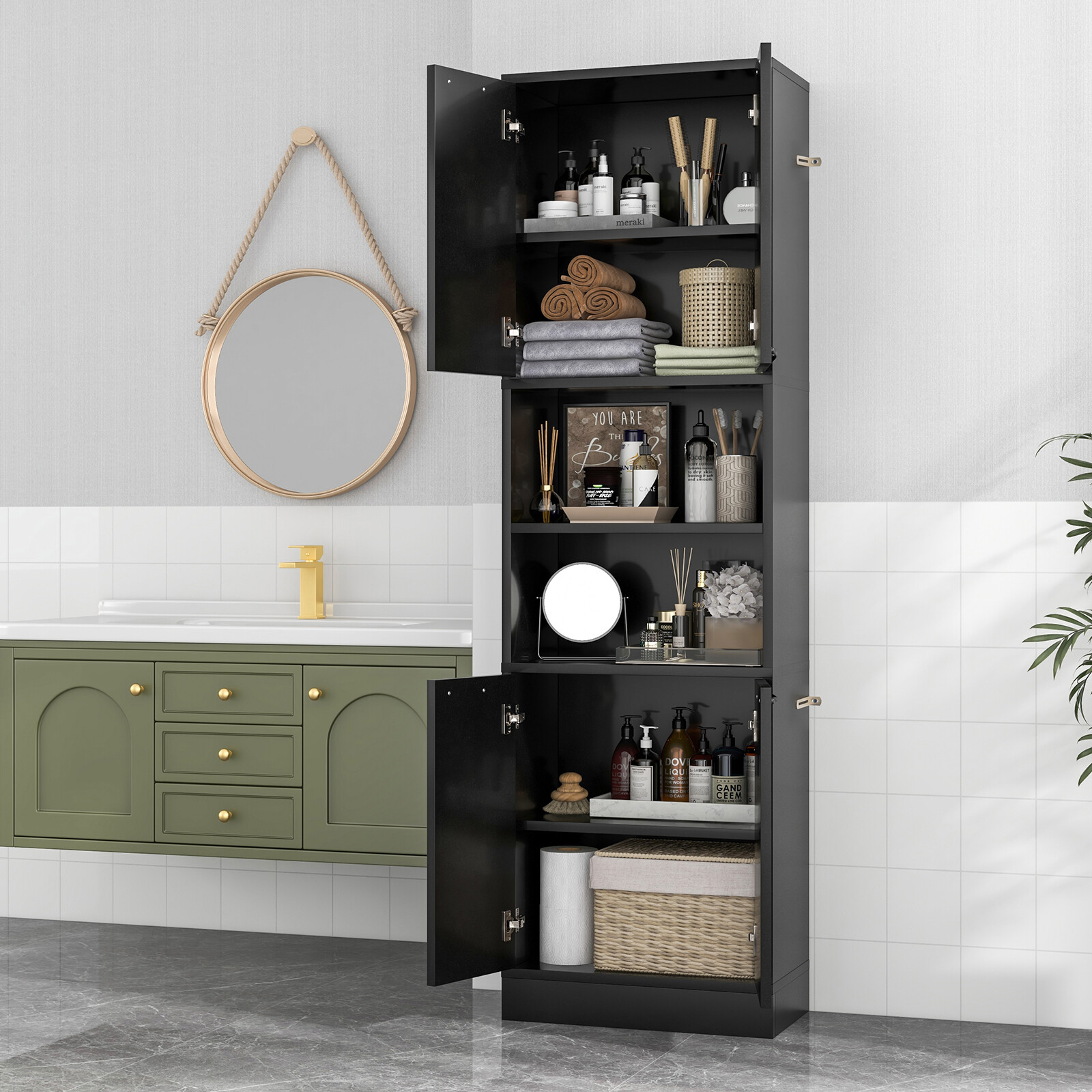 75" Tall Bathroom Storage Cabinet Freestanding w/ 4 Doors & 2 Open Compartments