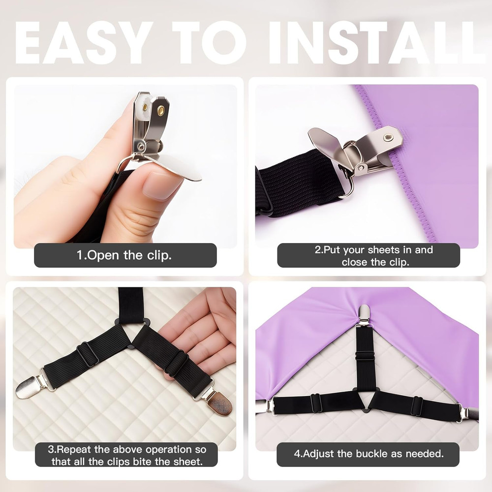 12PCS Bed Sheet Straps, Secure & Adjustable Fitted Sheet Holders for Full, Queen