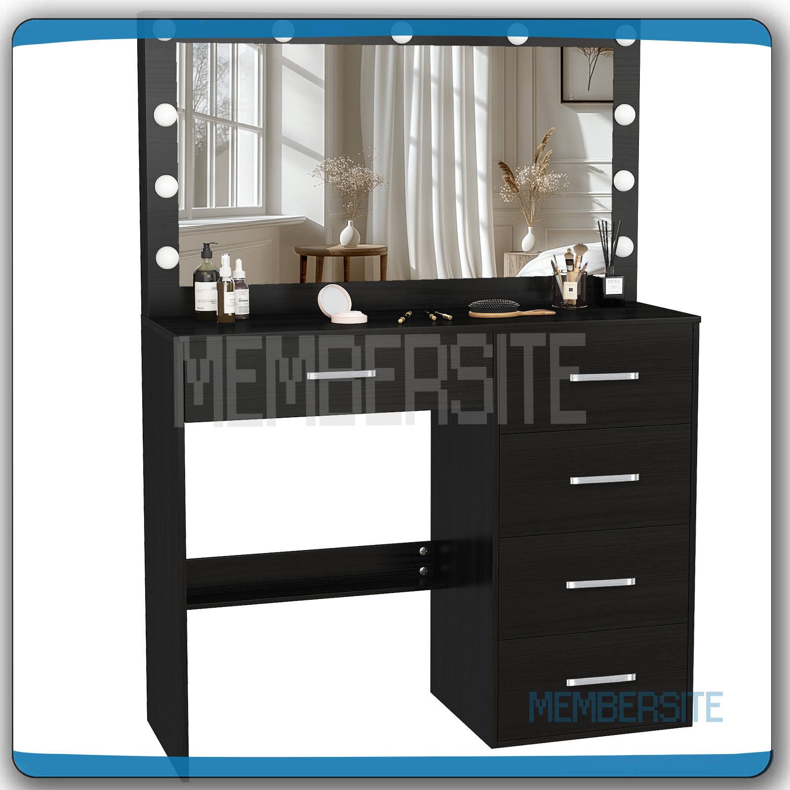 Black Vanity Desk w/Large Mirror &Built -in Hollywood Bulbs Makeup Dressing Desk