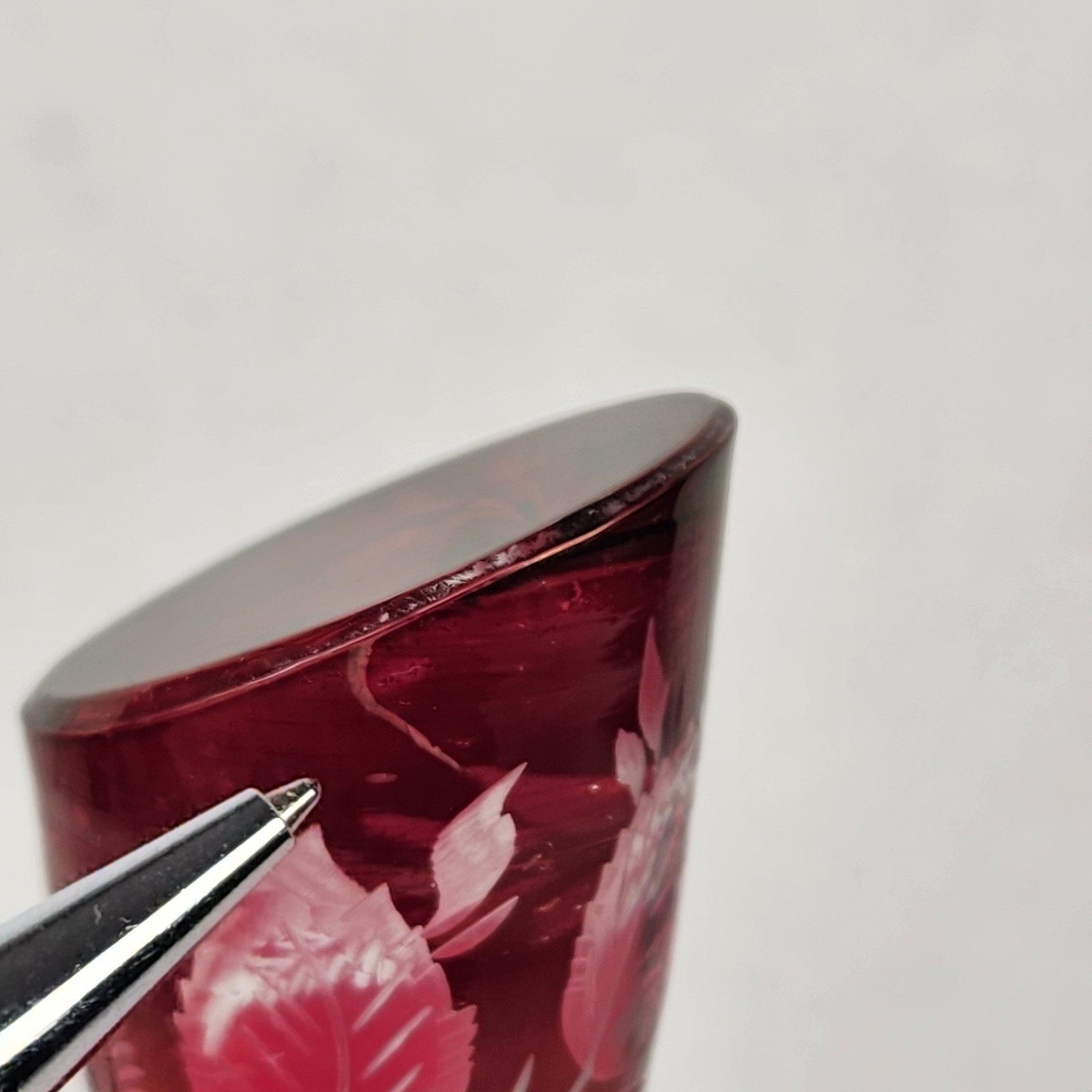 Bohemian Art Glass Ruby Red Liquor Decanter Etched Floral Design Vintage