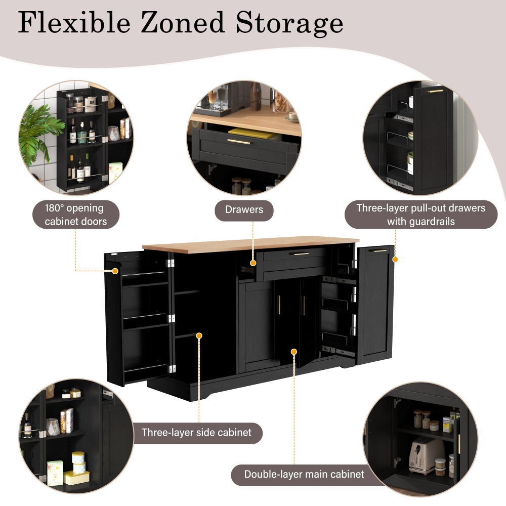 Multi-Functional Storage Sideboard, Extendable Dining Table, Adjustable Shelves