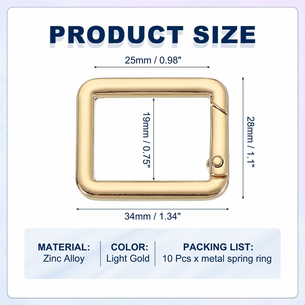 10 Pcs 34mm Square Shaped Spring Snap Keychain Clip for Purses Light Gold