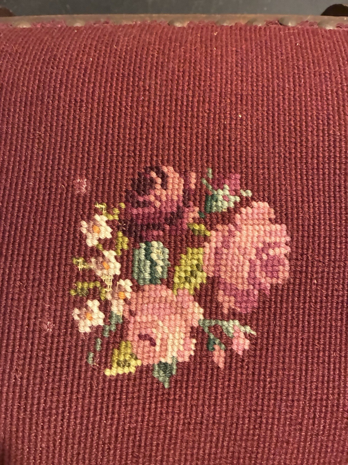 19th C. Antique Victorian Stud Accents Footstool Floral Needlepoint Carved Wood