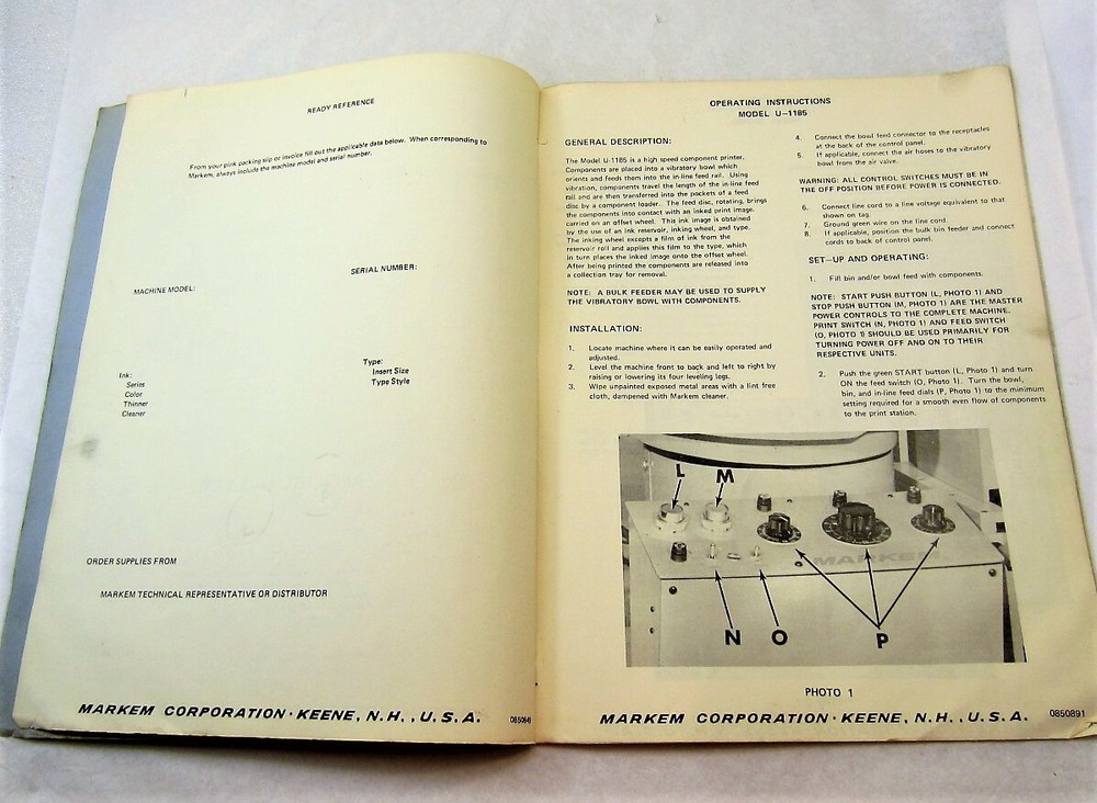 Markem Machine Manual Model U-1185