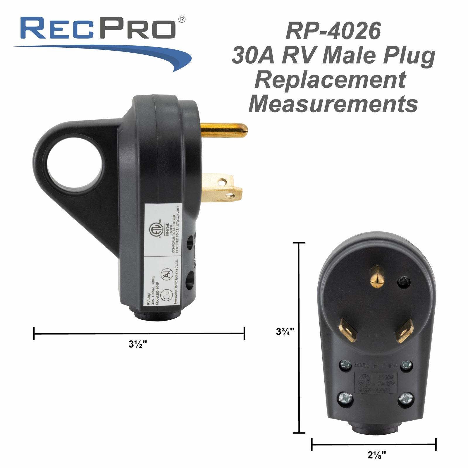 30 Amp RV Plug Replacement Male Plug End Camper Power Adapter 30A