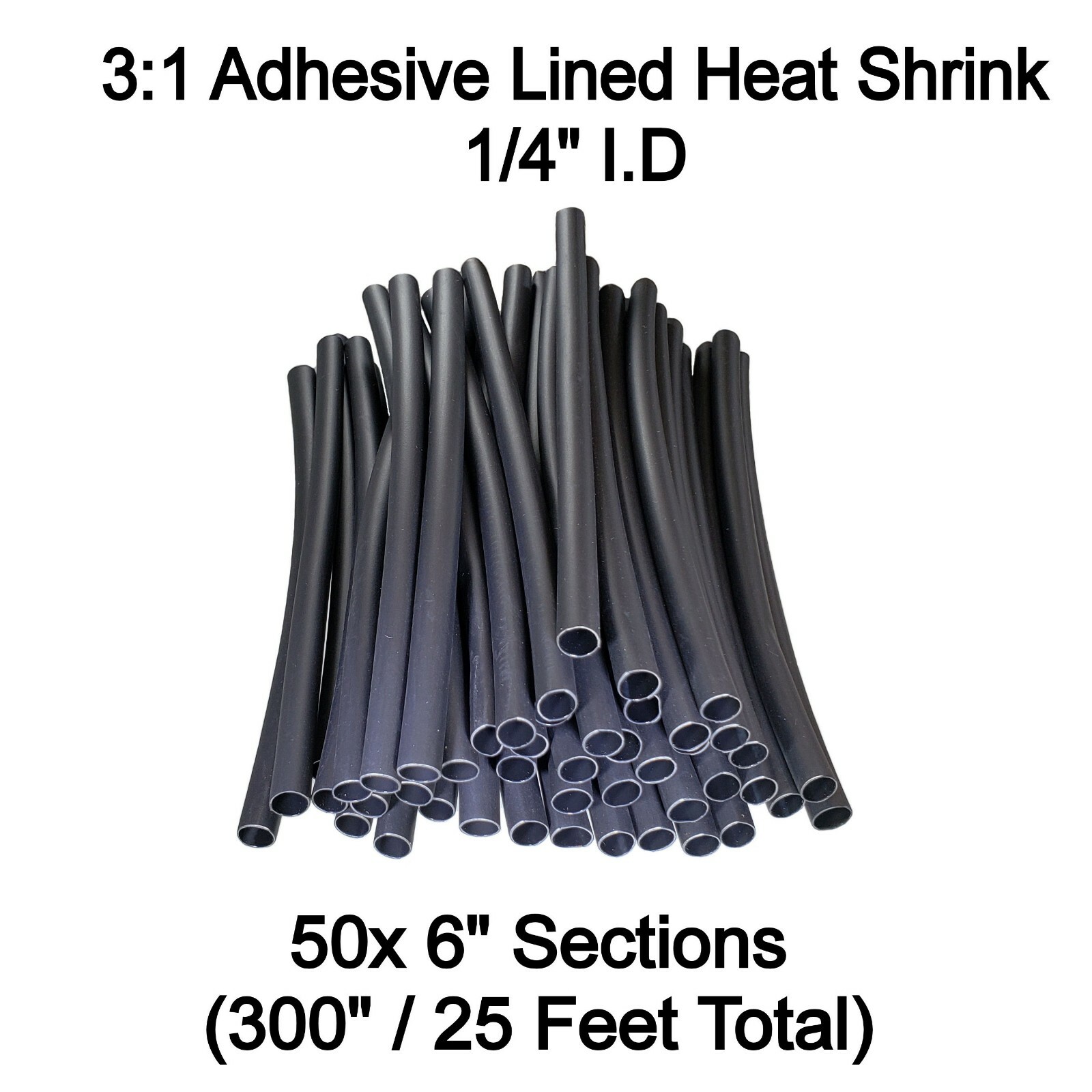 50 - 6" Pcs 1/4" Black 3:1 Heat Shrink Tubing Adhesive Lined Dual Wall (25 Feet)