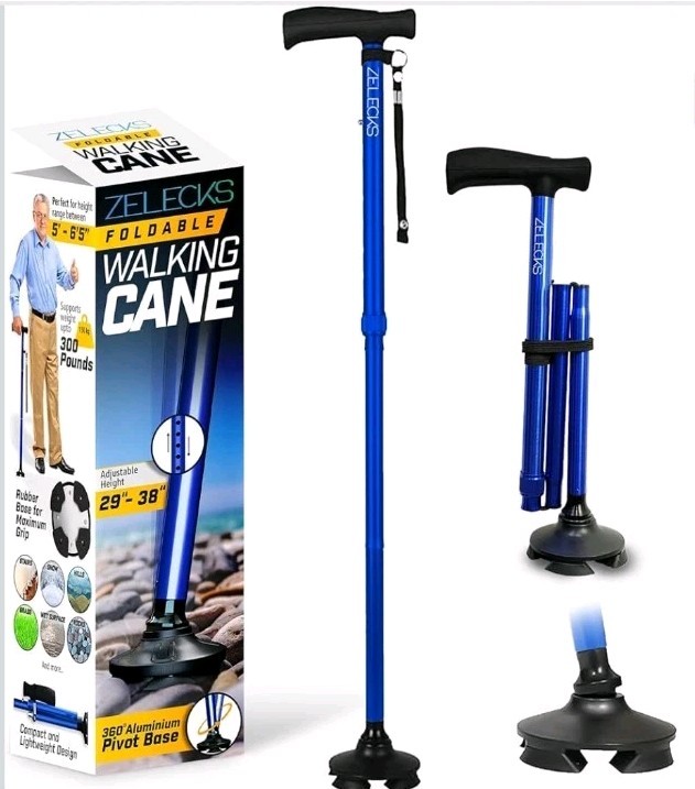 🩼 Zelecks Folding Cane 360° Pivot Base Adjustable Self-Standing Blue