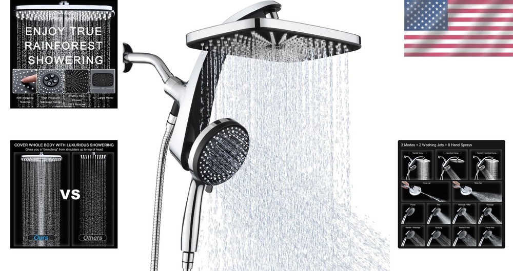 High Pressure Shower Head Set: Handheld Spray, Fixed Head