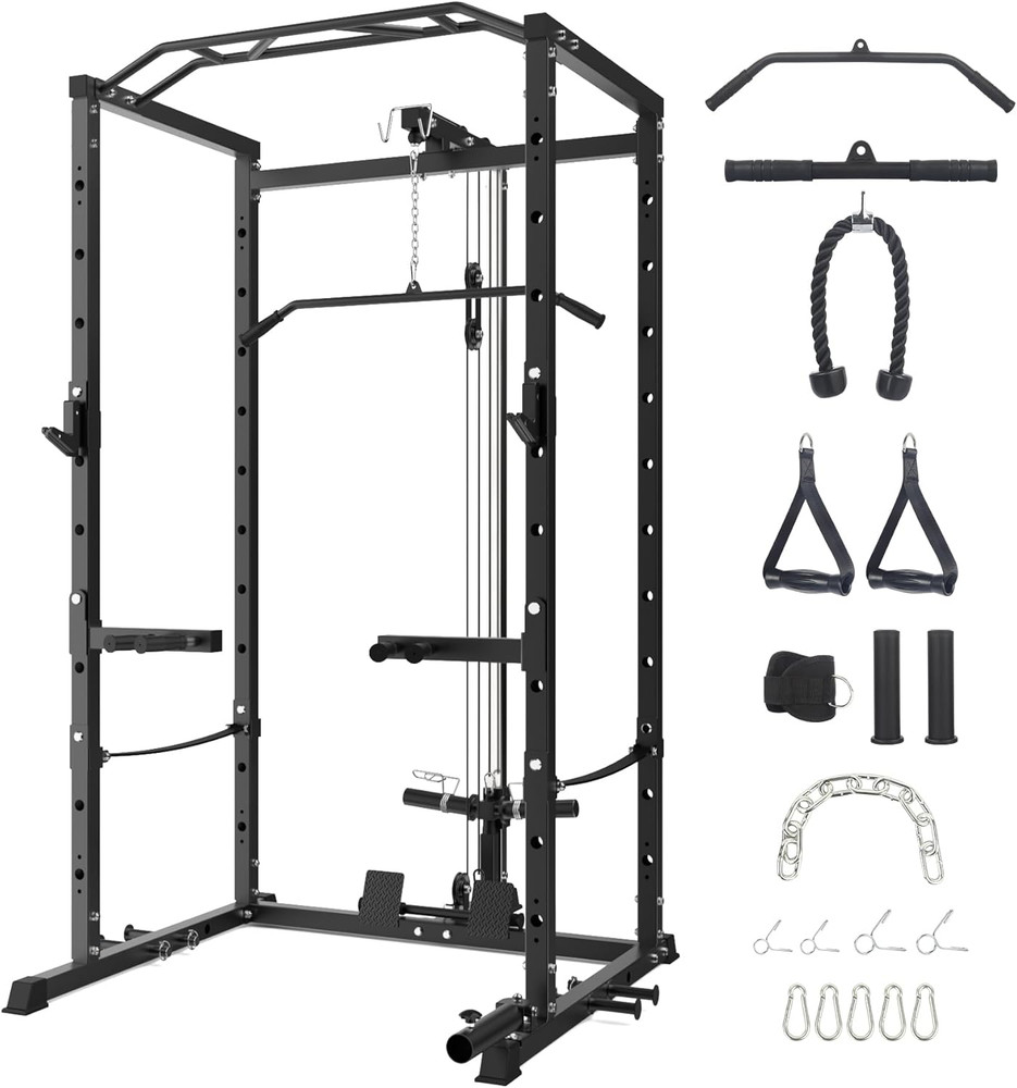 Power Cage, Multi-Function Squat Rack with LAT Pulldown, 1600 LBS Weight Capacit