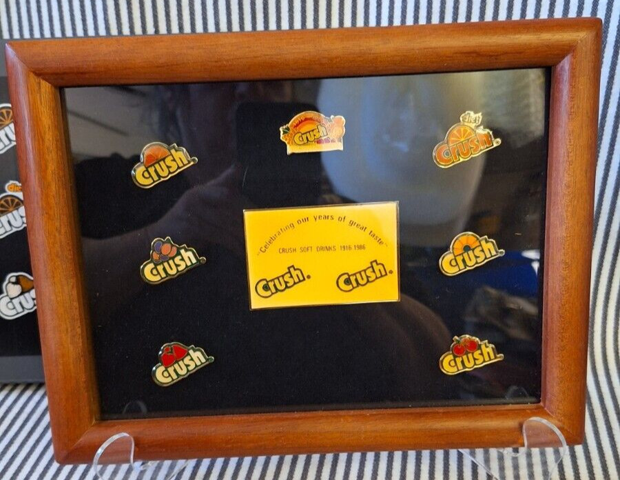 NIB VTG FRAMED ORANGE CRUSH 7 LAPEL PIN SET 1916-1986 70 YEARS SOFT DRINKS SODAS