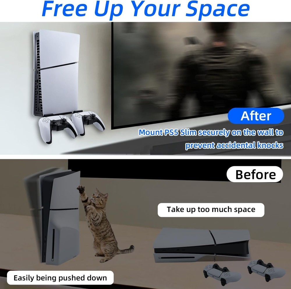 Floating Wall Mount for PS 5 Slim & 2 Removable Controller Holder Repisa flotant