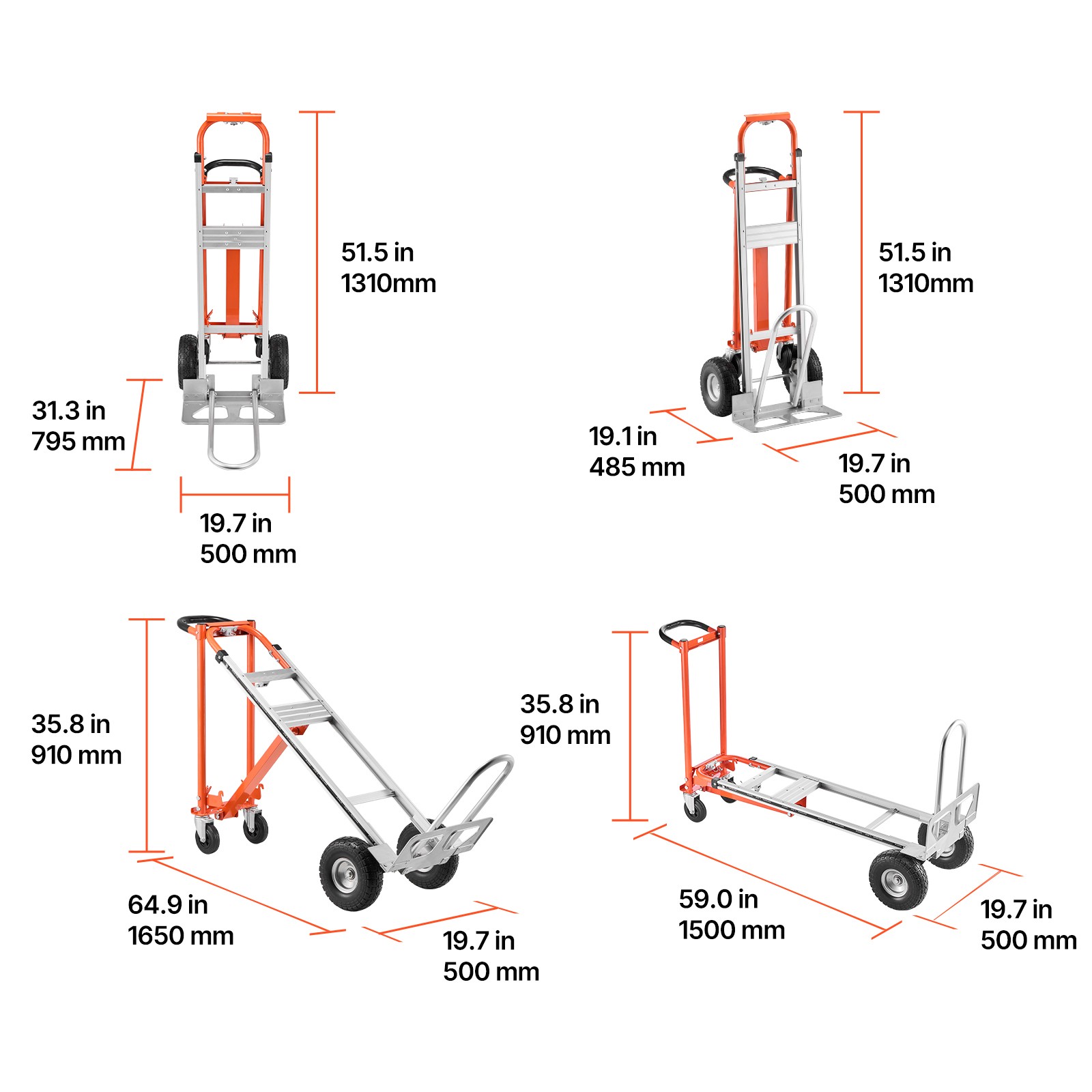 Uimoso 4-in-1 Aluminum Hand Truck, 1000 lbs Capacity, Convertible Dolly