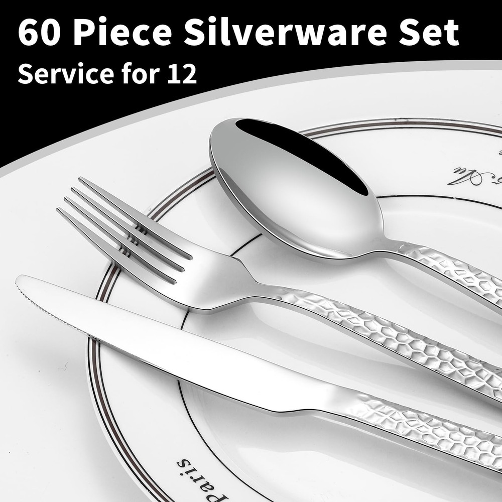 60 Piece Silverware Set for 12, Stainless Steel Hammered Flatware Set, Kitche...