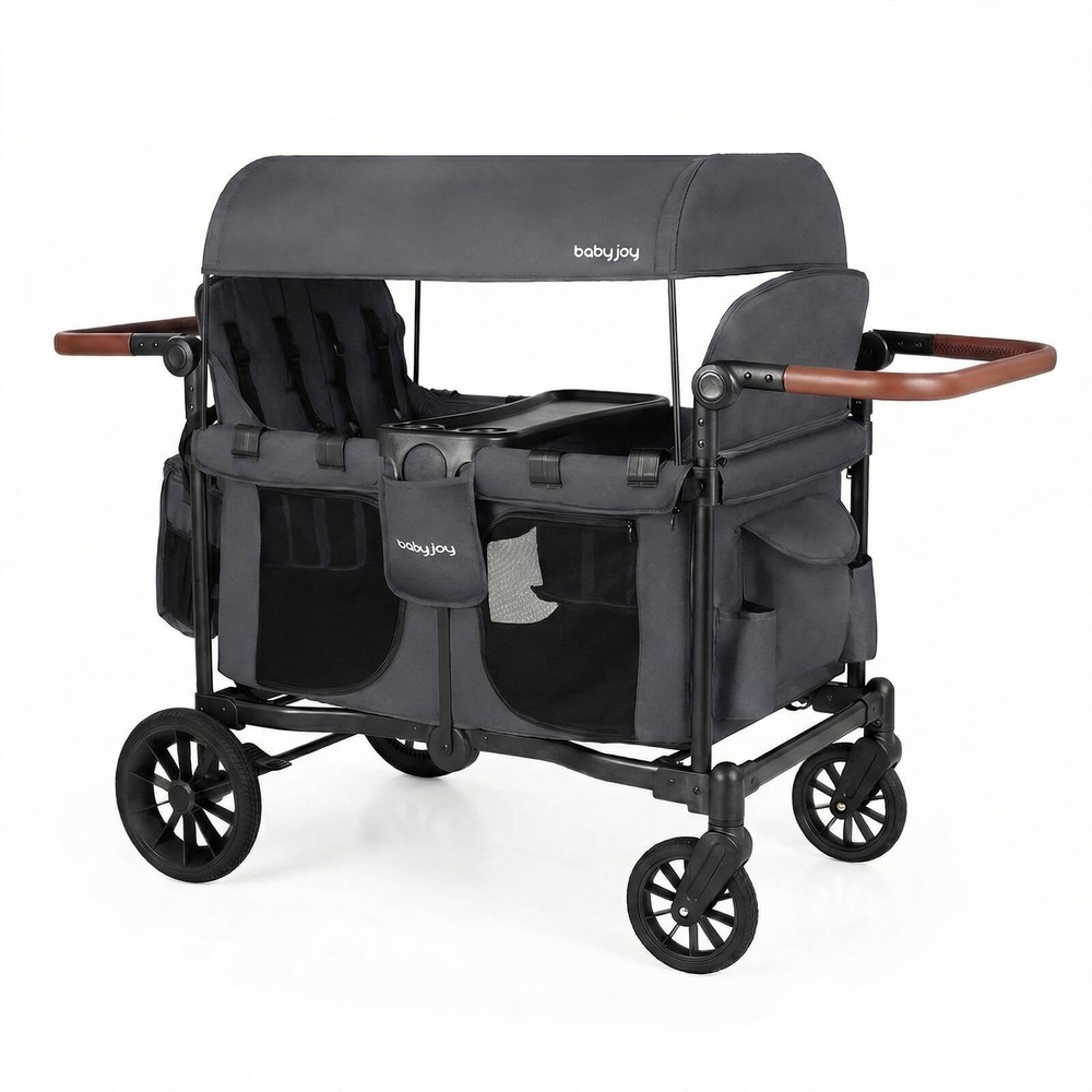 Wagon Stroller, Foldable 4-Seater Push-Pull Toddler Stroller w/Removable Canopy