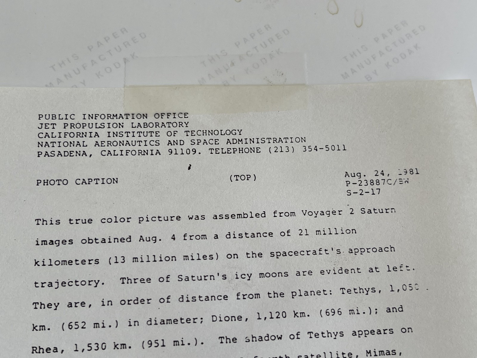 VINTAGE SPACE NASA PHOTO SATURN VOYAGER JPL KODAK PAPER