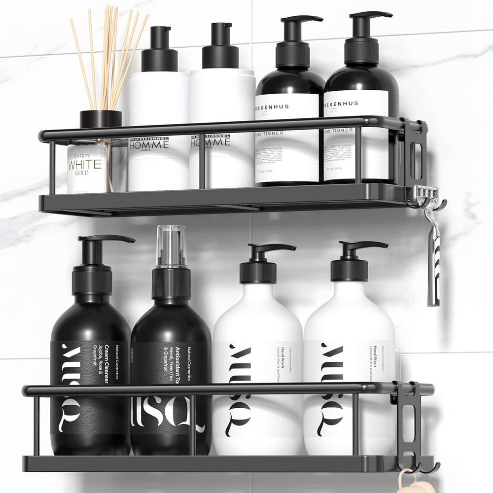 Rustproof Shower Caddy with Adhesive, Large Capacity Storage and Hooks, Black