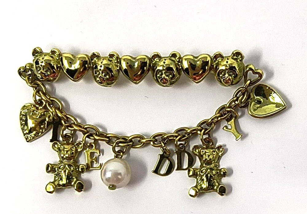 VTG Gold Tone Teddy Hanging Charms Pin