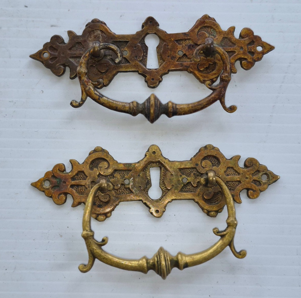 Pair Solid Cast Brass Antique Drawer Pulls Bail Handle Ornate Aesthetic Movement