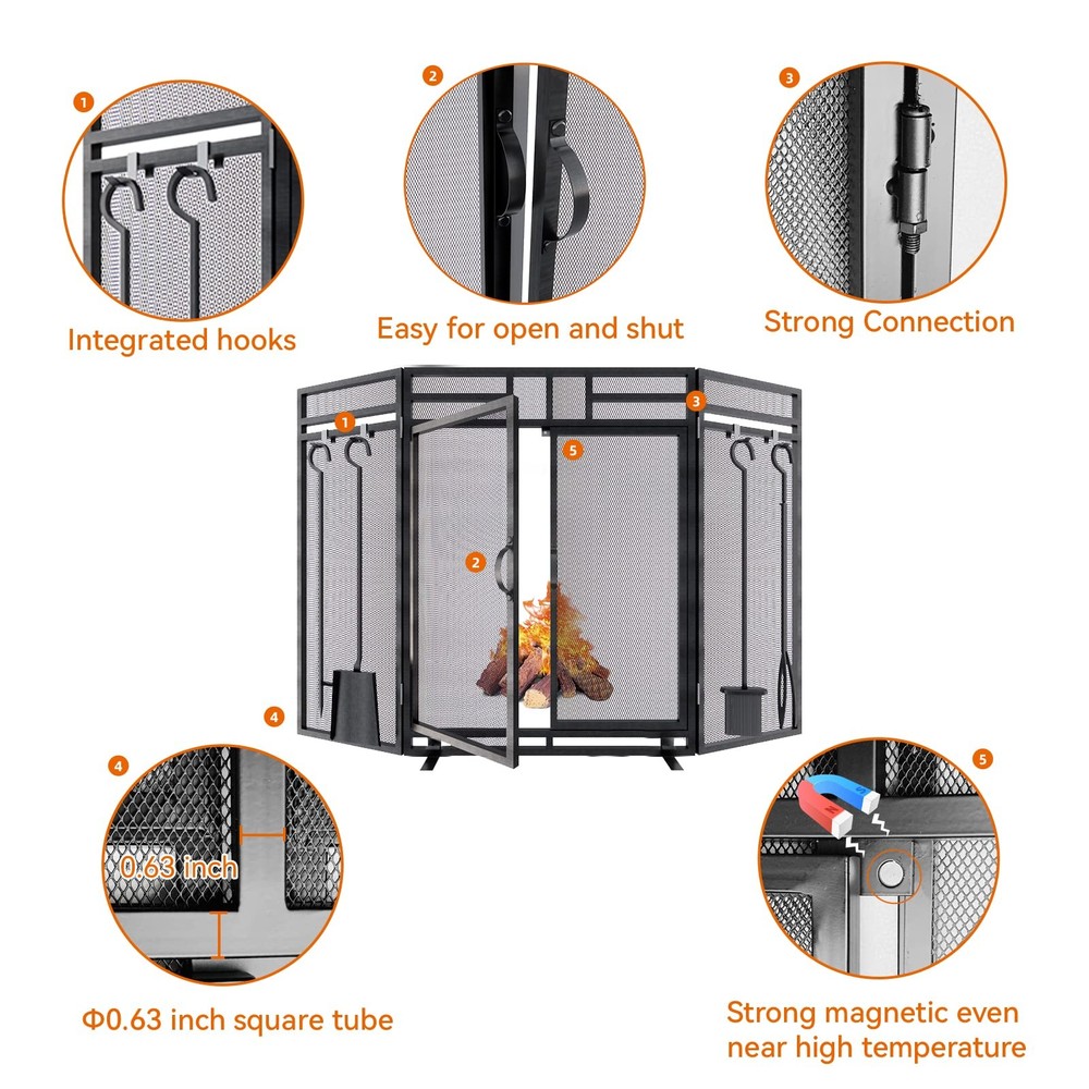 Fireplace Screen with Doors and Tools Set,3 Panel Foldable Metal Fireplace Gu...