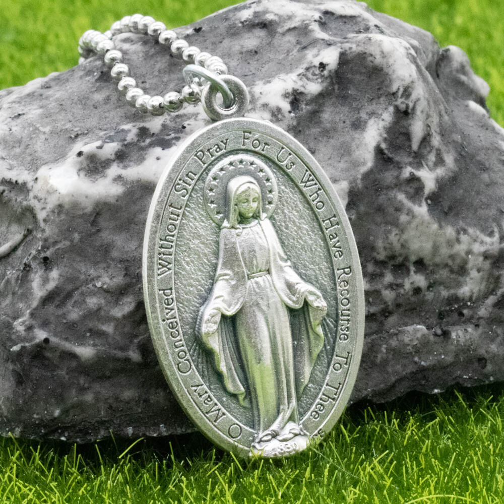 Extra Large 1-3/4" Miraculous Medal Virgin Mary Pendant Necklace Italy 24" Chain