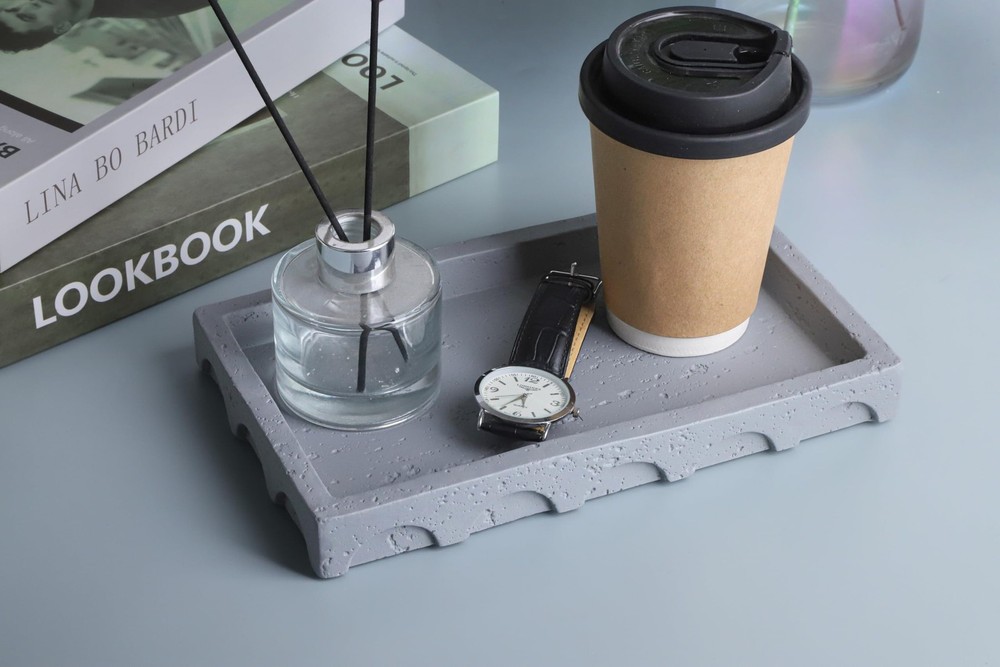 Decorative Tray Semi-Circular Edge Rectangular Concrete Gray 9.8x5.8x1.2