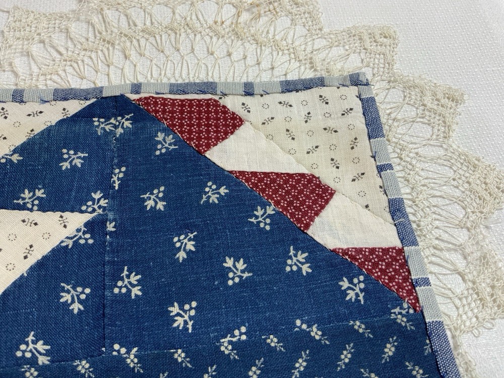 Antique Patchwork Quilt Table Topper, Early Calicos, Triangles, Small, Red, Navy
