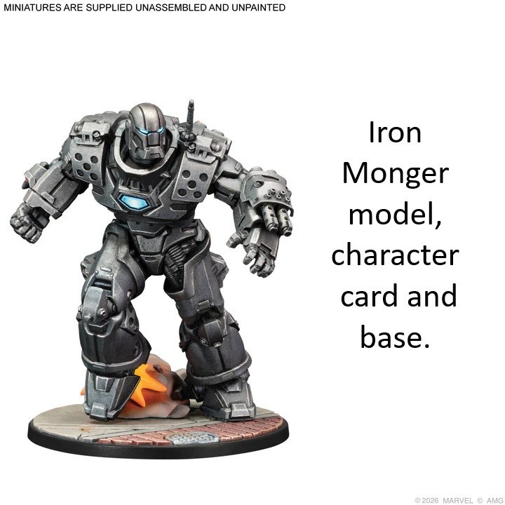 Marvel Crisis Protocol: Iron Monger model, character card, and base