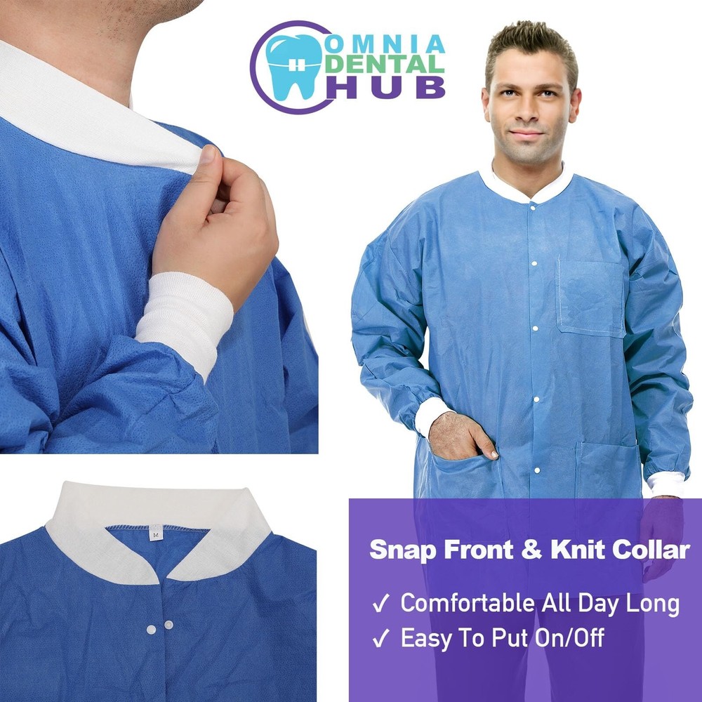 Disposable Lab Jackets Durable SMS Multiple Layers 45G Hip Length with Pockets