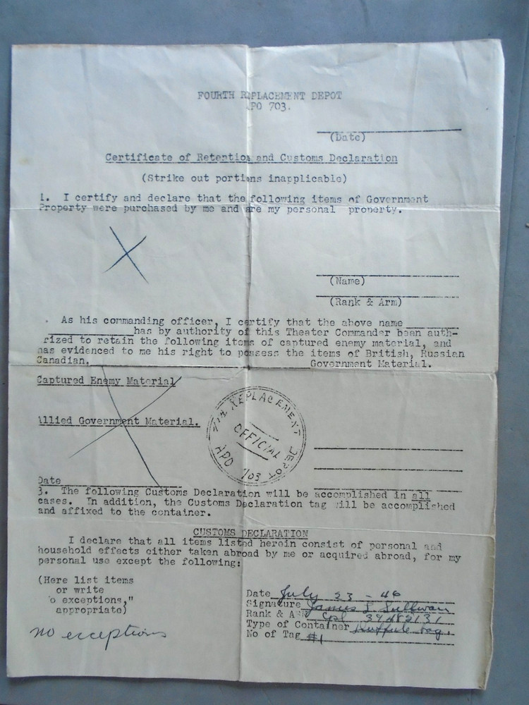 4th Replacement Depot APO 703, 1946 customs declaration