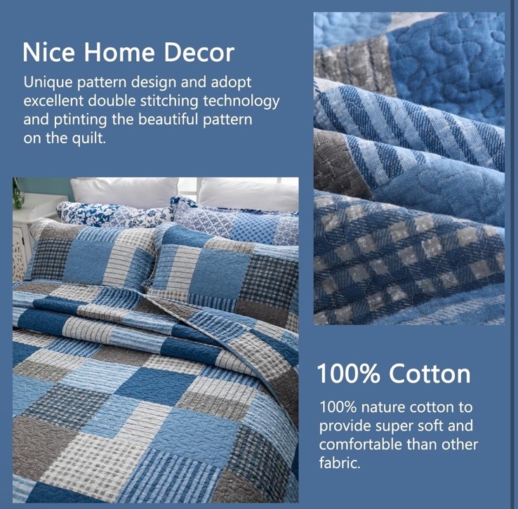 3-Piece Plaid Quilt Set Size, Lightweight Soft Full/Queen Blue White Plaid
