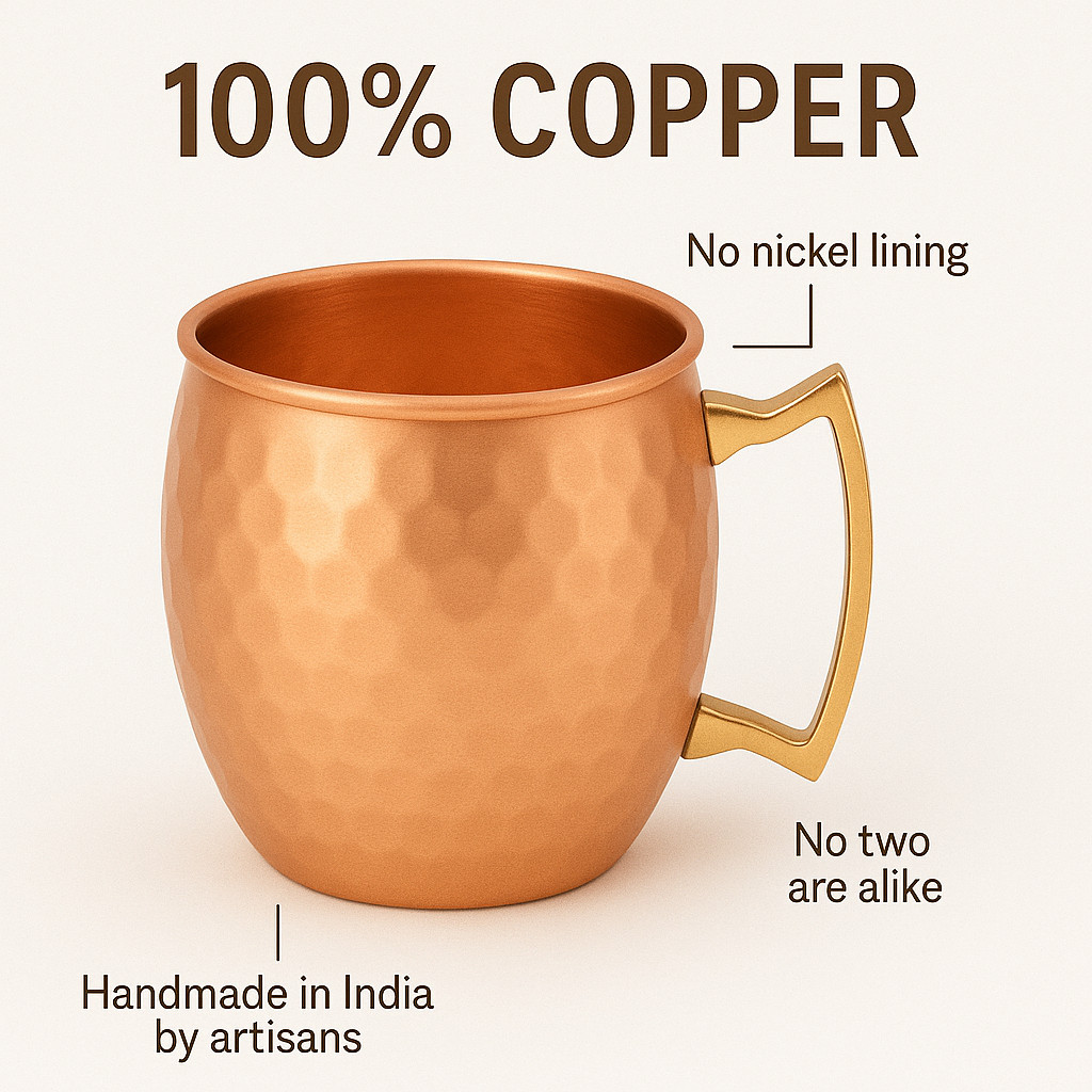 100% Handmade 16oz Solid Copper Mule Mug – Barrel Shaped Mug with Brass Handle
