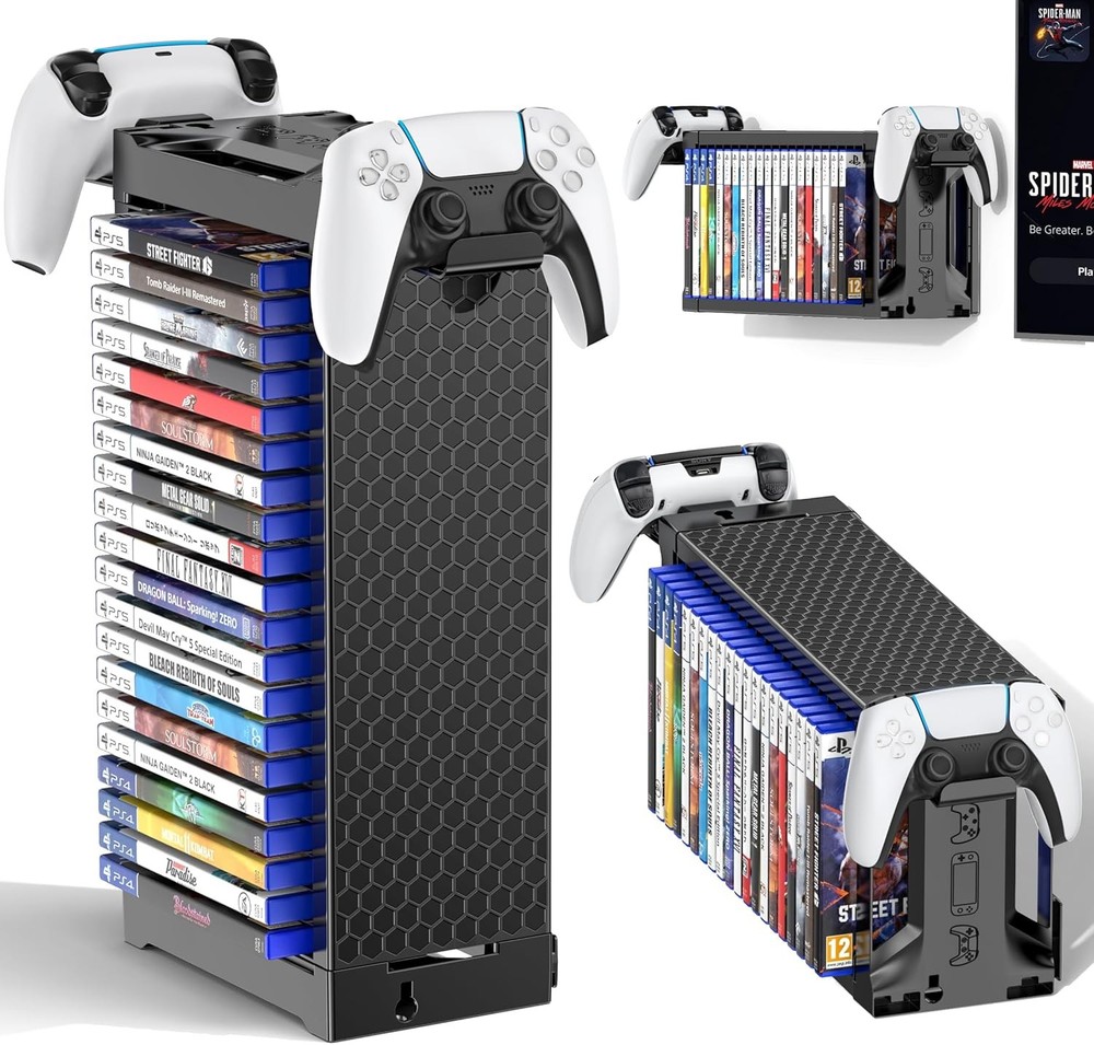 Video Game Storage Tower Holder with Controller Stand, Wall Mount Game Organizer