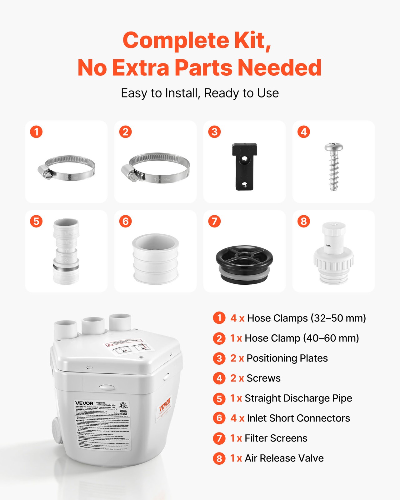 VEVOR Utility Sink Pump 1 HP 2200 GPH Under Sink Pump 36 ft with 3 Water Inlets