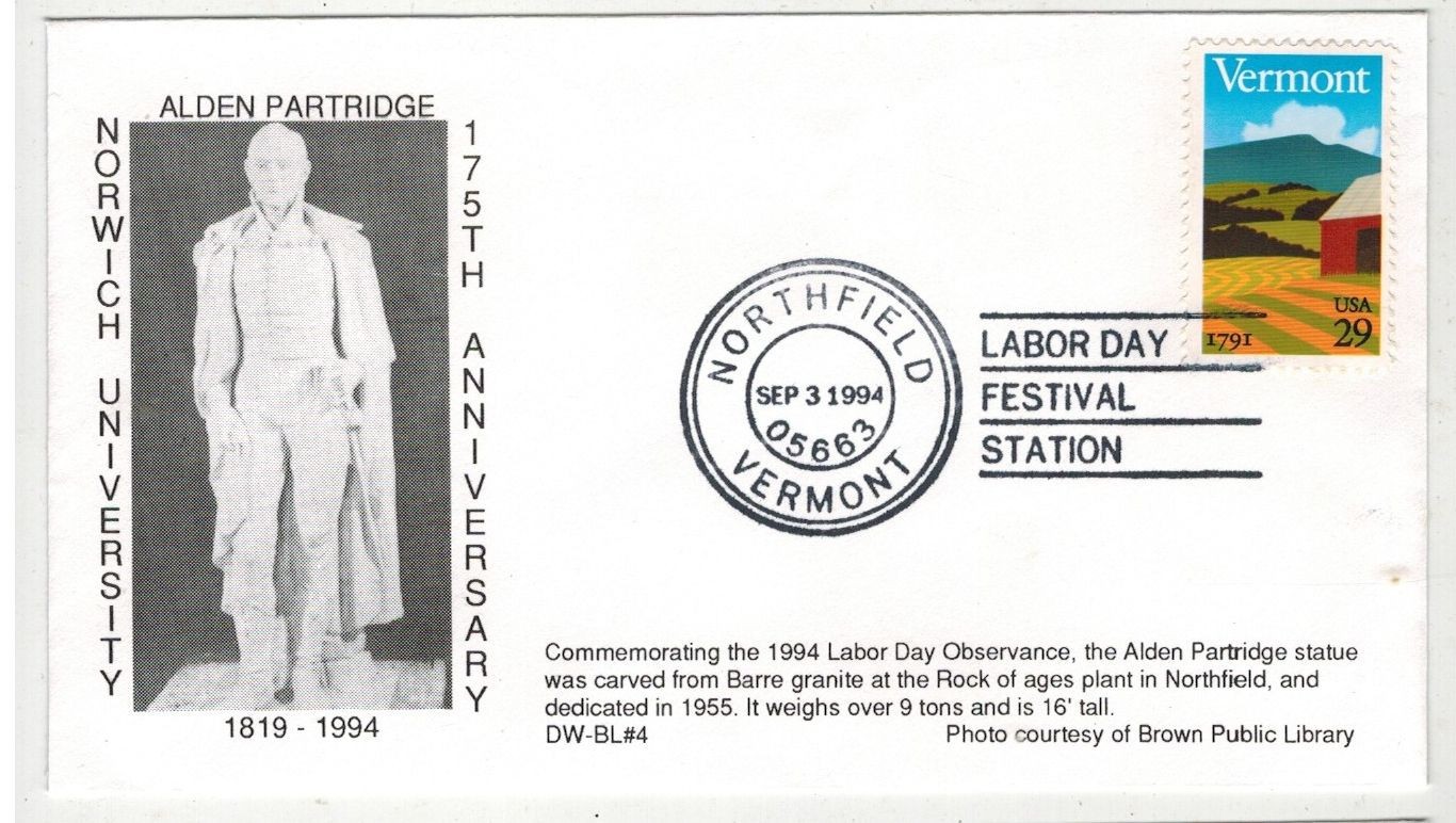 NORTHFIELD VT ALDEN PARTRIDGETRIBUTE NORWICH UNIVIVERSITY & VERMONT STAMP