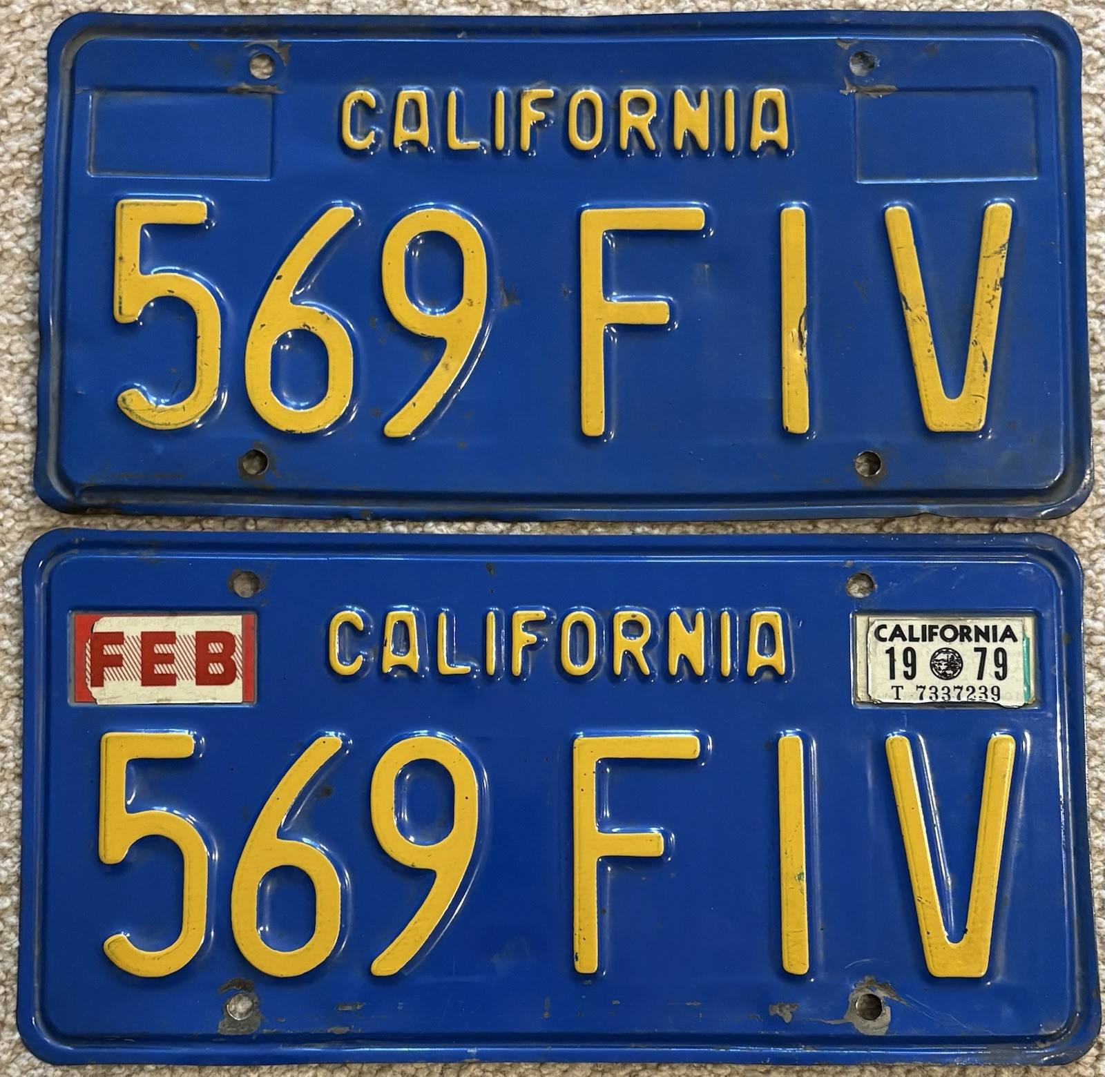 Original Pair Of 1970s Steel Blue California License Plates 569 FIV CA CAL