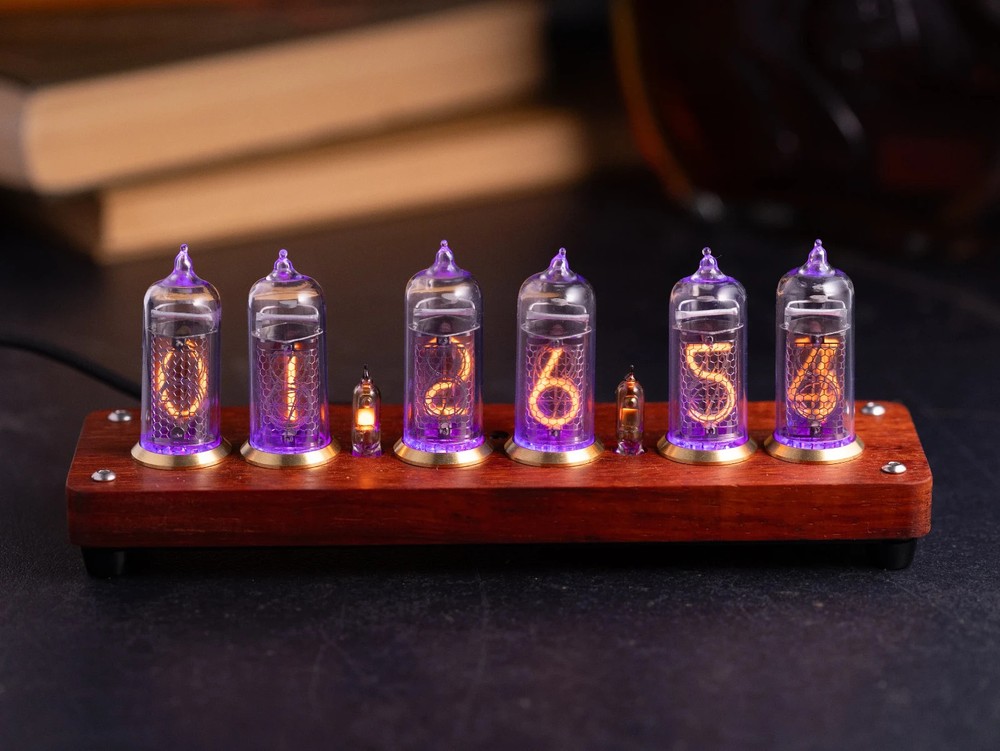 Complete Nixie clock. Installed in-14 tubes. Wood case. Brass ring.