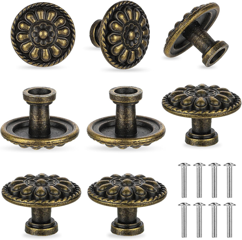 8 Pack Antique Brass Drawer Knobs Vintage Round Cabinet Pulls 1.18 Inch