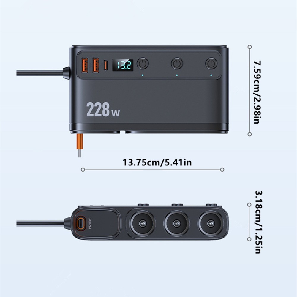 Multi Function Car Charger 9-in-1 with 3 Cigarette Lighter Sockets 6 USB 228W