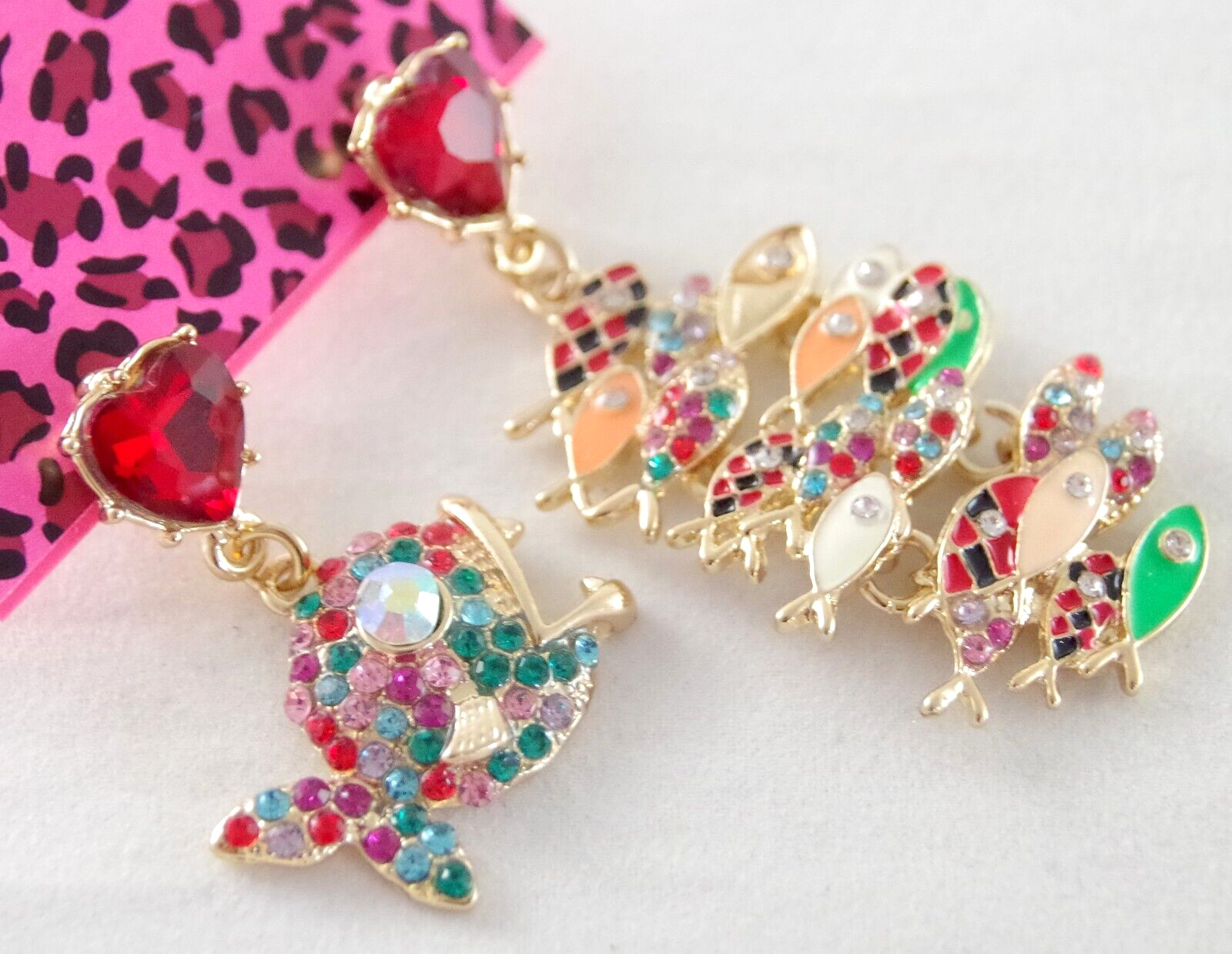 BETSEY JOHNSON ASYMMETRICAL PREDATOR/ SCHOOL OF FISH RHINESTONE DANGLE EARRINGS