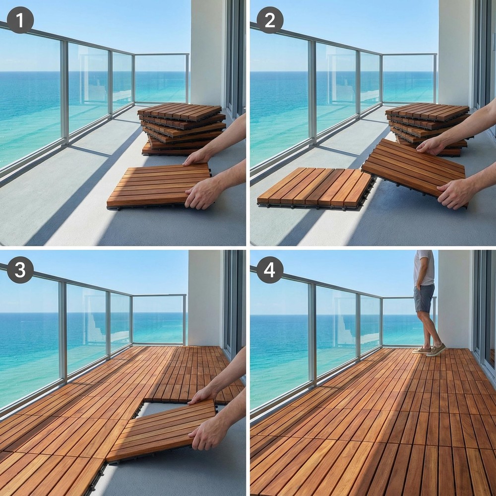 Bare Decor EZ-Floor Interlocking Flooring Tiles in Solid Teak Wood Oiled Fin...