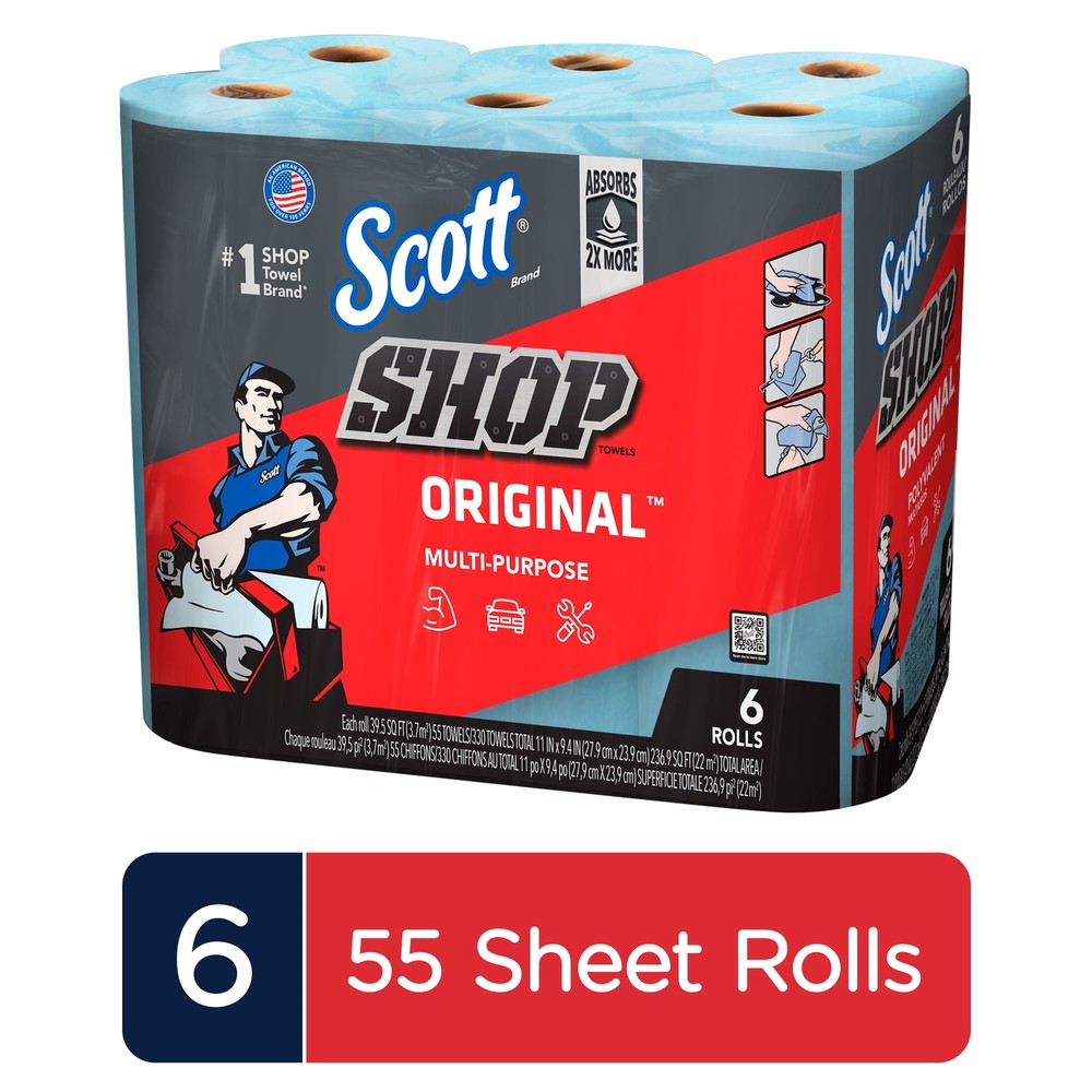 6 Rolls Scott Shop Towels, 55 Sheets Per Roll, All Purpose, Multi Surface