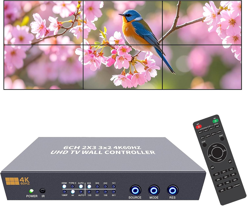 4K60 Video Wall Controller 6 HDMI Outputs 2x3 / 3x2 / 2x2 Multi-Screen Processor